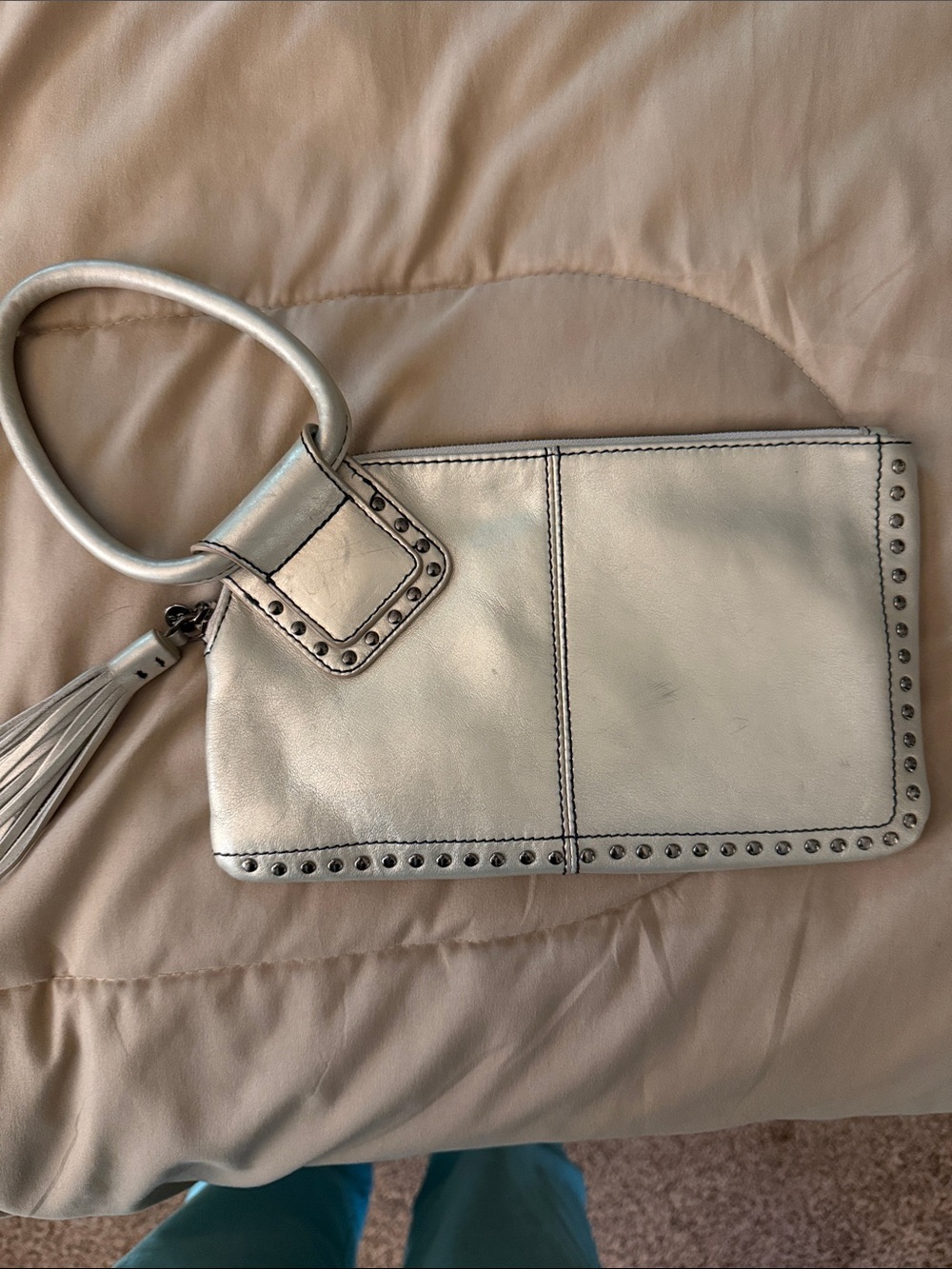 HOBO Metallic Silver Studded Wristlet Clutch with Tassel